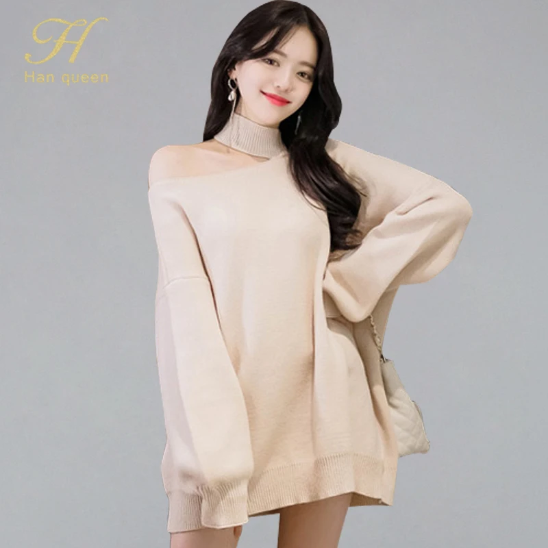

H han queen Sexy Off The Shoulder Oversized Sweaters Women's Tops Turtleneck Sweater Women Chic Pullover Casual Knitted Jumper