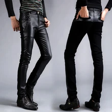 Мужские брюки в Корейском стиле, облегающие повседневные кожаные брюки с отстрочкой, мужские кожаные брюки для езды на мотоцикле, мужские брюки