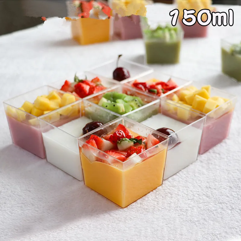 

High quatliy 150ml square small transparent disposable pudding cup birthday wedding party favor dessert cake yogurt plastic cups