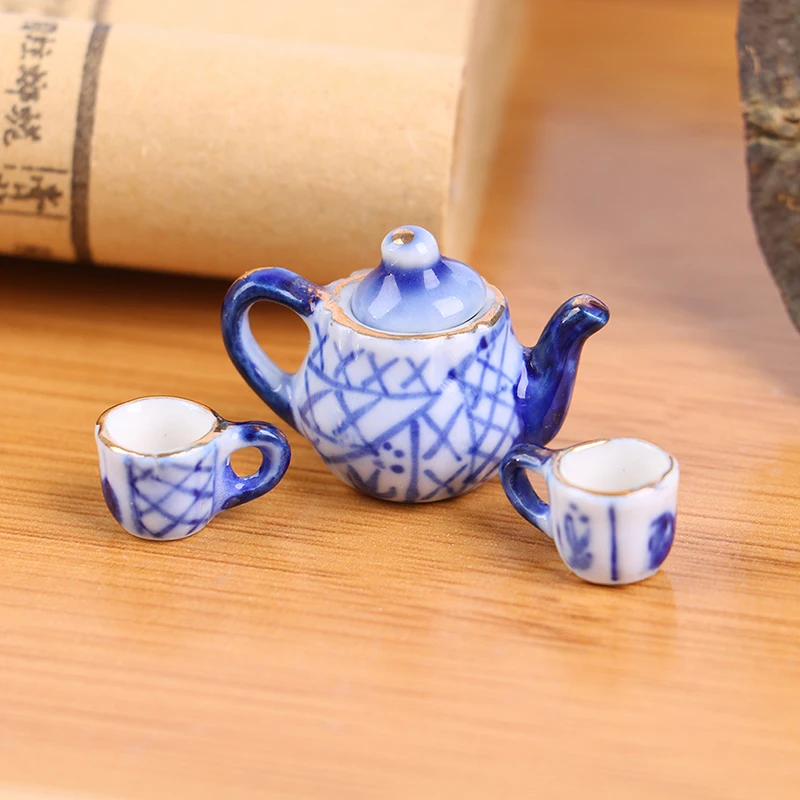 

1 Set Mini Porcelain Cup Water Kettle Tableware 1/12 Miniature Dollhouse Kitchen Toy (1Tea Pot+2Cup)