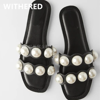 

Withered 2020 summer england simple personality casual pearls slippers women Flat shoes shoes woman shoes women