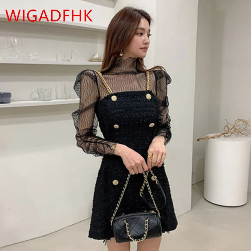 

2021 Autumn Sexy Tulle Bottoming Shirt Top + Metal Chain Sling Double-breasted Dress Fashionable Western Style Two-piece Female
