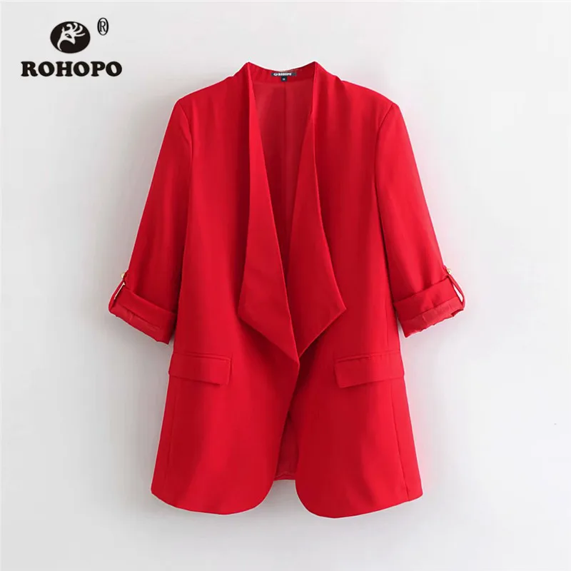 

ROHOPO Ruched Cuff V Collar Single High Low Red Black Slim Skirt Blazer Ladies Solid Cardigan Outwear #8957