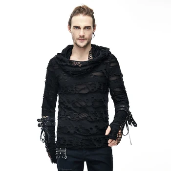 

Devil Fashion Men's Punk Rock Long Sleeve with Hooded T-Shirts Gothic Casual Mesh Hole Knit Top