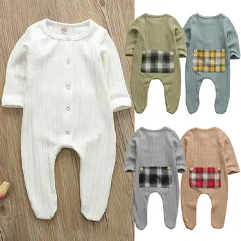 

Soft Cotton Newborn Baby Rompers Cute Kintted Toddler Boys Girls Kids Plaid Pocket Sweater Clothes Jumpsuit Little Baby Outfits