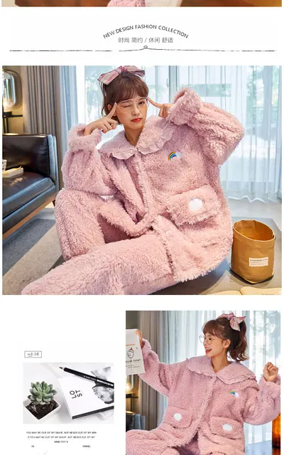 Plush Pajama Set Winter Pajamas Packed Nightgown Coral Fleece Women  Sleepwear Mink Wool Sherpa Loose Version Medium Style - AliExpress