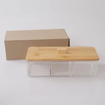 

Multifunction Transparent Organizer Cosmetices Cotton Swab Kitchen Seasoning Storage Box with Bamboo Cover J2Y