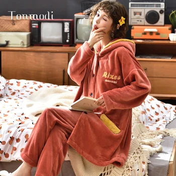 

Women's Casual Flannel Pajamas Women's Winter Top + Trousers 2 Sets Of Cardigans Warm Loose Cute Hooded Antlers Student Suit