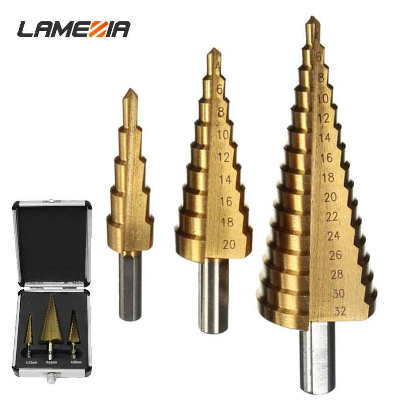 

LAMEZIA 3pcs High Quality HSS Stepped Drill Bit Set Round Shank Hex Titanium Coated Wood Para Drilling Tool For Metalworking