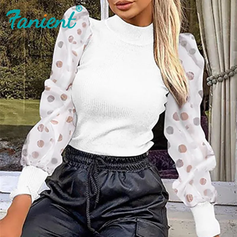 

Casual Turtleneck Sweater Woman Winter Knitting Pullovers Lantern Sleeve Short Black White Knitted Solid Jumper Women Sexy Mesh