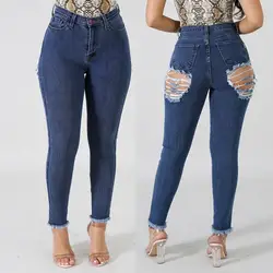 Женские, с высокой талией облегающие, рваные джинсы больших размеров Causl женские джинсовые брюки длинные Стрейчевые узкие брюки 2xl # G30