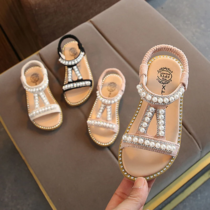 Sandalias de verano para niñas pequeñas, niños pequeños, zapatos de princesa individual con perlas de cristal, zapatos romanos para niñas