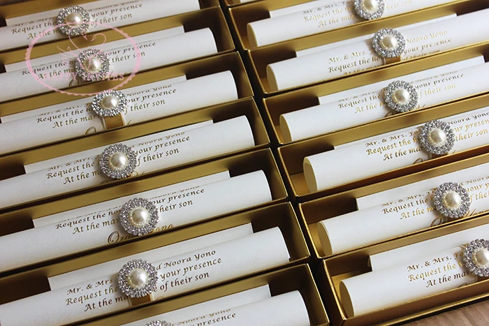 HI2052-43 Golden Scroll Invitation Card with Rhinestone Brooch