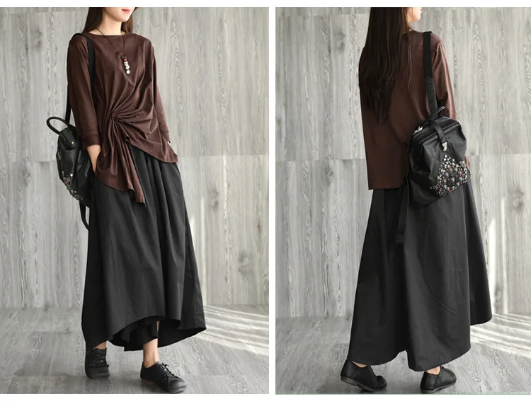 Original Retro Spring Autumn Cotton Women'S T-Shirt Irregular Casual Pullover Tie Pleated Tops Ladies O Neck T-shirt