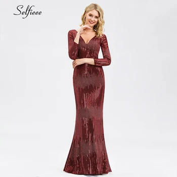 

Sexy Burgundy Sequin Dress Long Sleeve V-Neck Autumn Winter Luxury Women Dress Elegant Bodycon Maxi Dress For Party Robe Femme