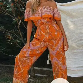 

2020 New Vintage Boho Floral Beach Jumpsuit Women Casual Off Shoulder Ruffle Elegant Loose Party Playsuit Long Pant Mono Mujer
