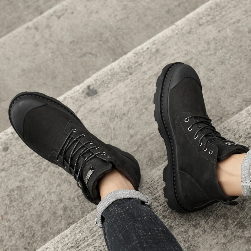 

CRMDEOX Black Winter Men Boots Genuine Leather Ankle Boots Winter Warm Work Shoes Men Military Snow Boots for Male buty damskie