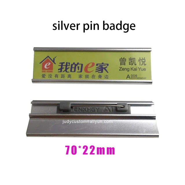 silver pin 70X22mm 50 шт пустая именная табличка многоразового использования держатель с булавкой Имя персонала ярлык алюминиевый владелец значка - Цвет: silver pin 70X22mm