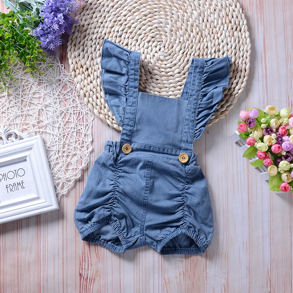 denim ruffle romper