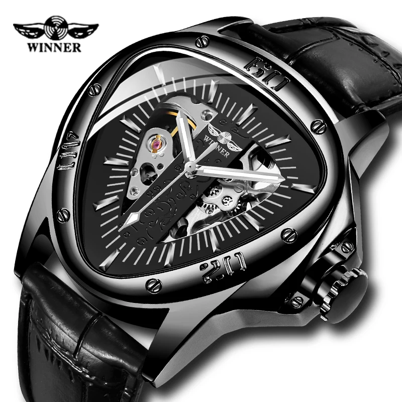 

Top Brand WINNER Men Automatic Mechanical Clock Racing Sports Design Triangle Skeleton Clock Luminous Hands Wrist Watches