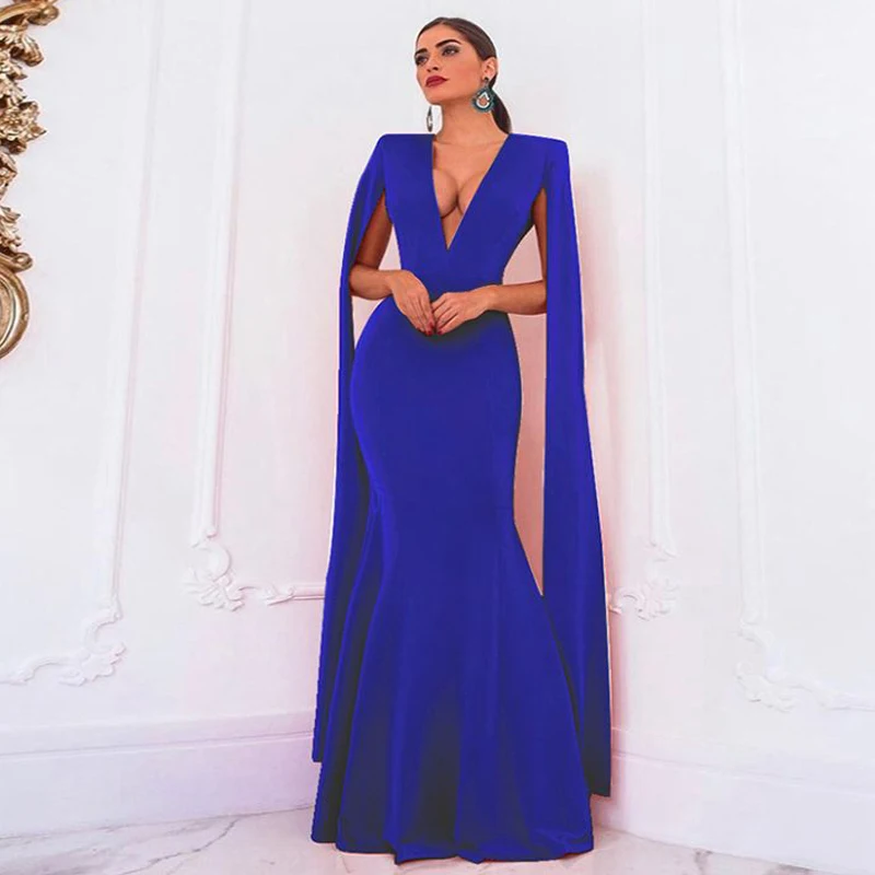 Maxi dresses woman party night long party dresses 2019 new fashion elegant sexy cape sleeve deep v-neck backless dress women