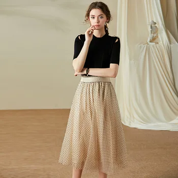 

Black Hollow Out Knit Tops Summer Short Sleeve Tees Beige Sequin Polka Dot Two Piece Set Women Midi Swing Skirt Sets Elegant za