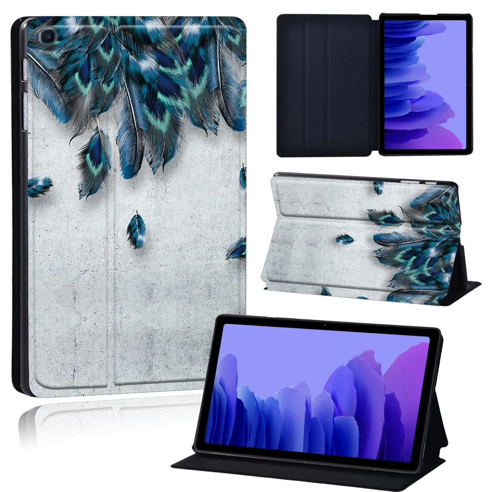 Tablets Case for Samsung Galaxy Tab A7 10.4 Inch 2020 T500/T505 Printed Feather PU Leather Tablet Stand folio Cover+ Free Stylus