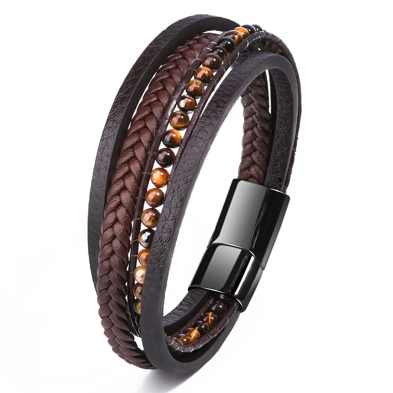Модные мужские украшения плетеный кожаный браслет тигровый глаз каменные бусины