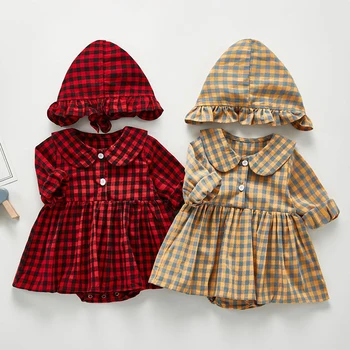 

2020 Baby Girl Baby Girl Clothing Doll Collar Long Sleeves Grid Rompers And Hat Baby Girl Rompers Newborn Rompers Clothes