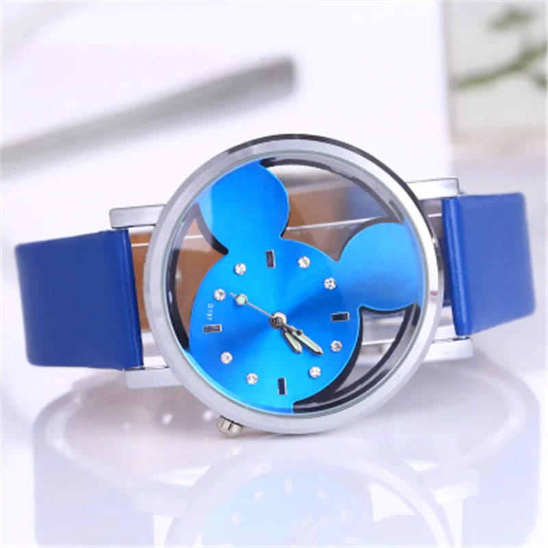 Новые Мультяшные часы Микки Маус Роскошные модные женские часы кожаные женские часы reloj mujer bayan kol saati relogio - Цвет: Синий