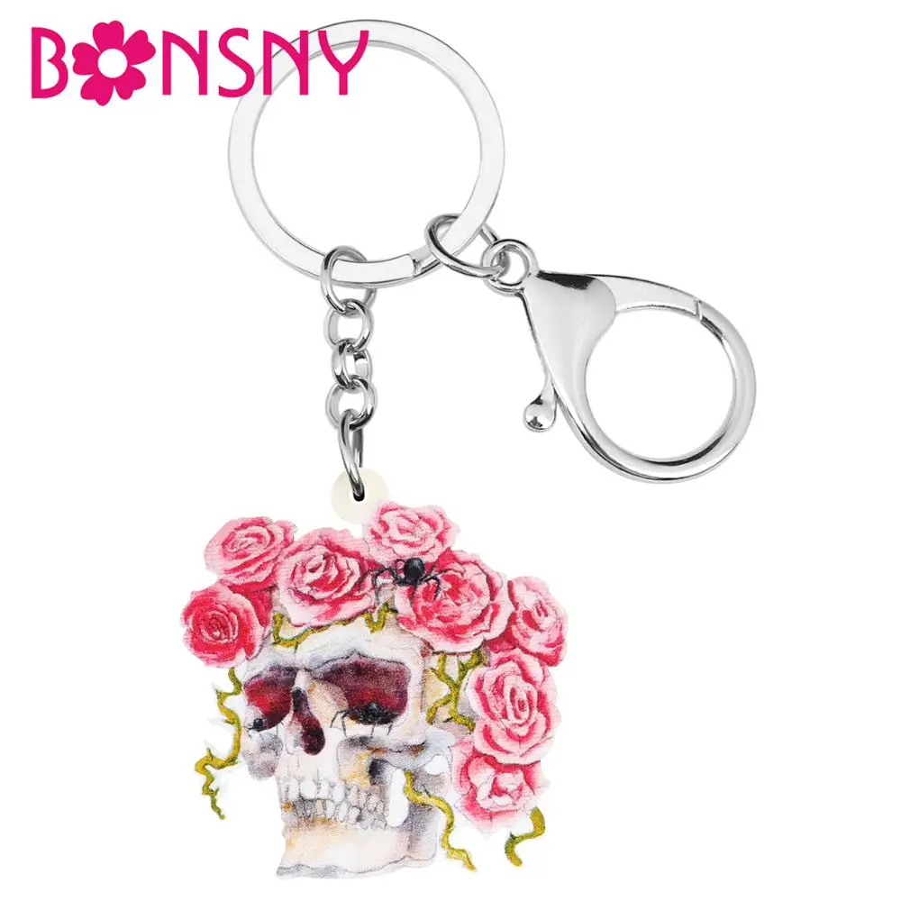 Bonsny Acrylic Halloween Flower Rose Skull Skeleton Keychains Key Ring Jewelry Gift For Girls Handbag Purse Novelty Accessories | Украшения