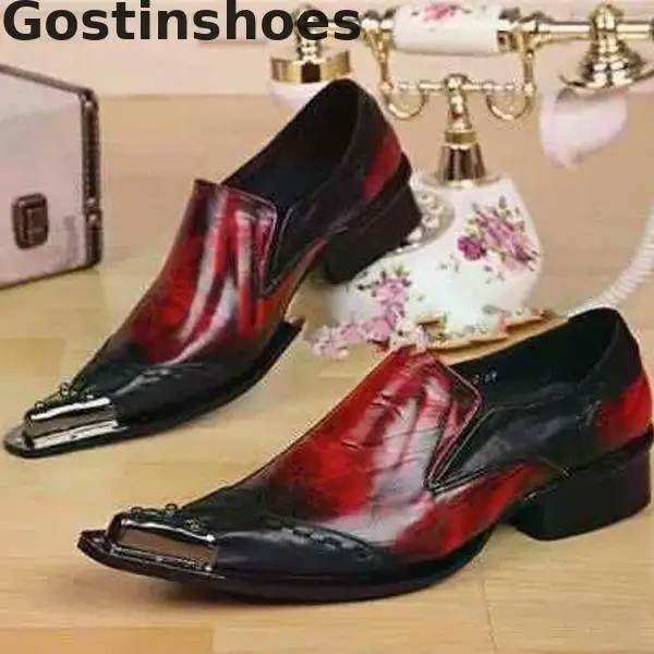

Mixed Color Black Red Men Shoes Genuine Leather Loafers Slip-on Metal Capped Toe Fashion Casual Leather Shoes For Wedding Party