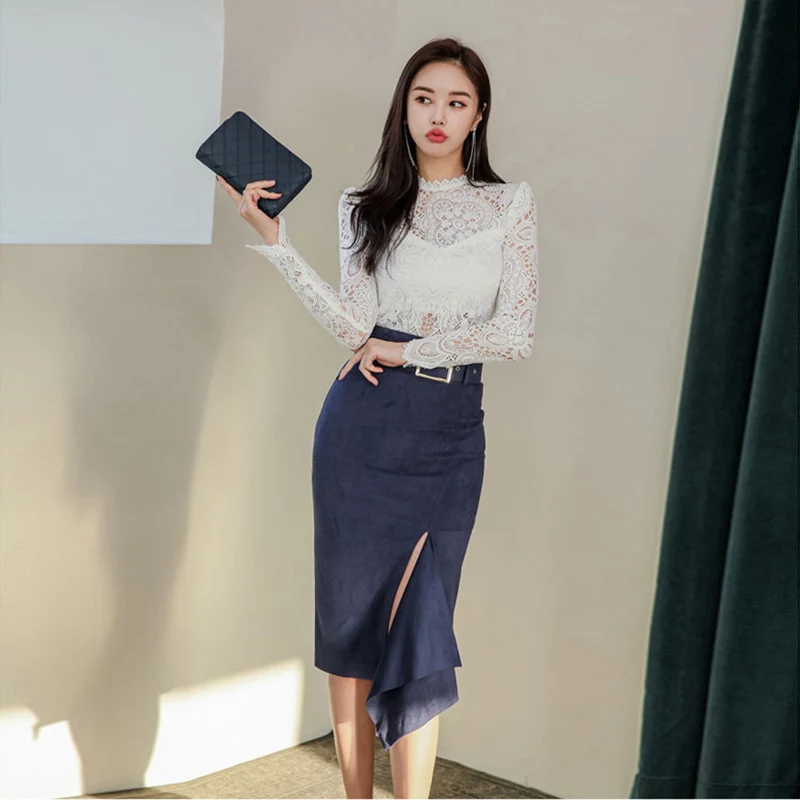 2019 autumn new Korean version of the deerskin slender professional female lace suit Knee-Length  Solid  Office Lady