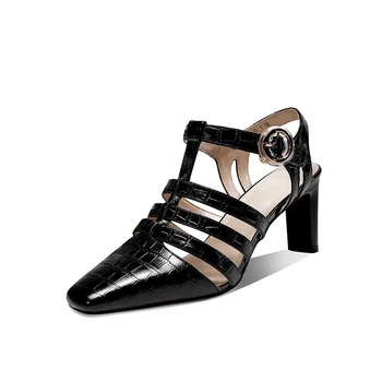 

Rome style Women Sandals square toe genuine leather high heels Summer Shoes Woman dress party wedding ladies Sandles