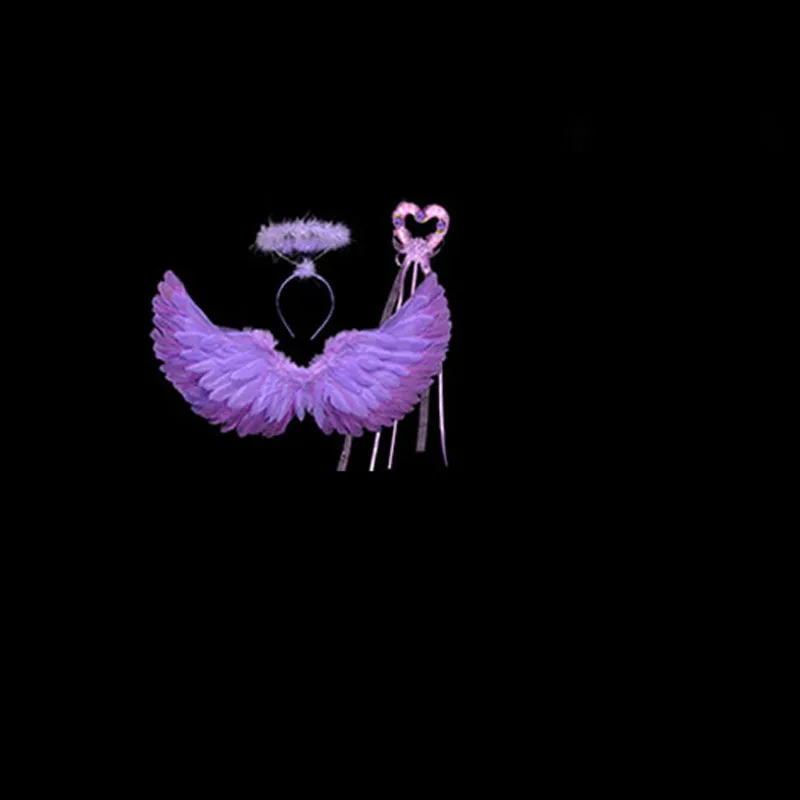 Крылья Ангела из перьев для женщин, мальчиков и девочек, кольцо Halo, палочки, реквизит для фотосессии, костюм для сценического шоу, подарок на свадьбу, Рождество, Хэллоуин, navidad - Цвет: Фиолетовый