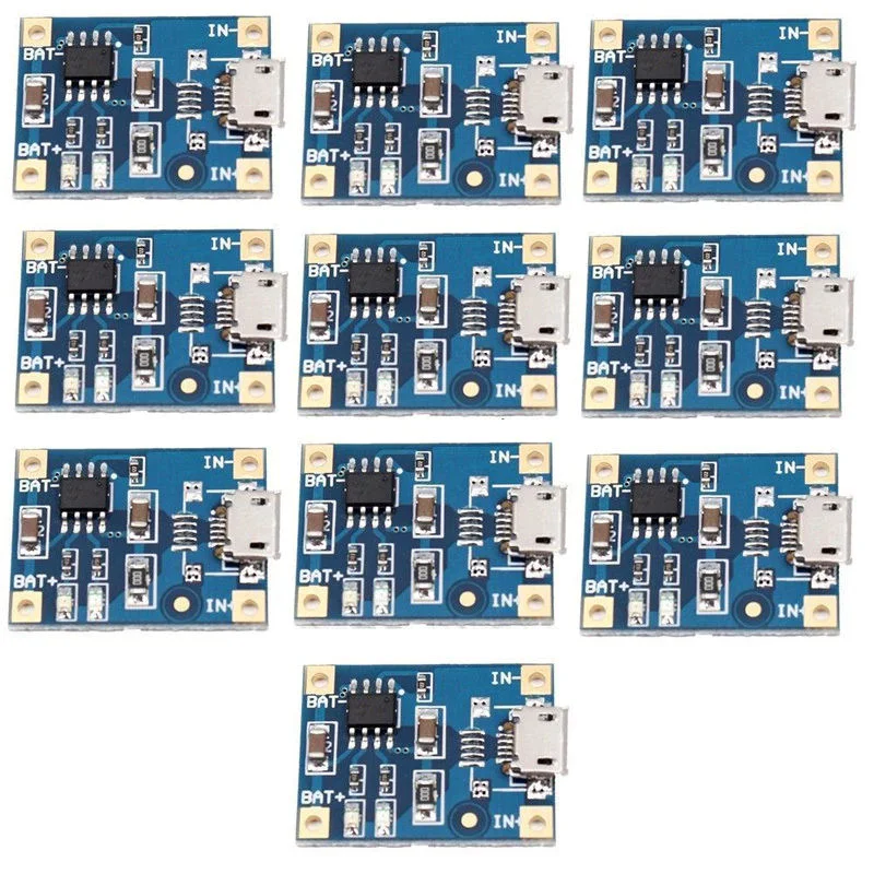 

10pcs/Kit TP4056 Micro USB Battery Charger Module 5V 1A 18650 Lithium Battery Charging Board 4.5~5.5V 100 to 1000ma