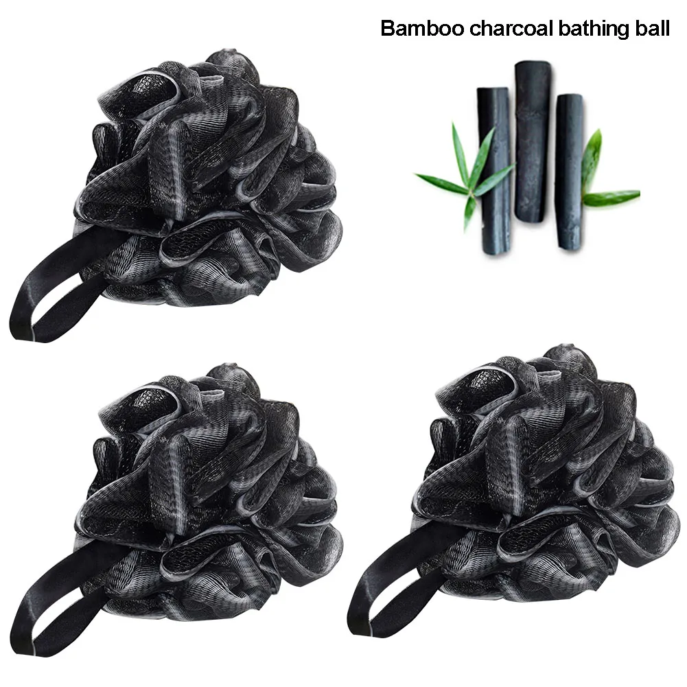 Loofahs Bamboo Charcoal Body Soft Mesh Bath Sponges Scrubber Pouf Shower Ball 3pcs