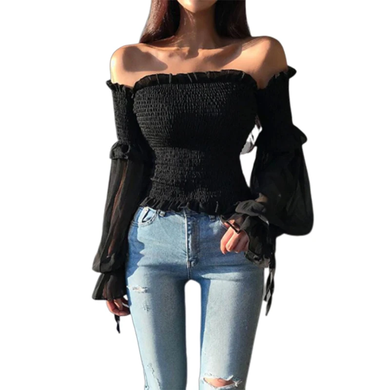 137177-48d494.jpg Solid Color Pleated Bow Fashion Women Ladies Long Sleeve Off Shoulder Cropped Tops Blouse Shirt Lace