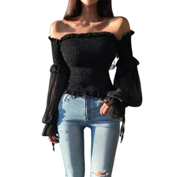 Solid Color Pleated Bow Fashion Women Ladies Long Sleeve Off Shoulder Cropped Tops Blouse Shirt Lace Up Corset 3 Solid Color Pleated Bow Fashion Women Ladies Long Sleeve Off Shoulder Cropped Tops Blouse Shirt