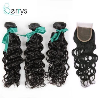 

Malaysia Human Hair Bundle Water Wave 3PCS/Lot Bundles Weave with 4*4 lace closure Free Part Remy Hair bundles with closure