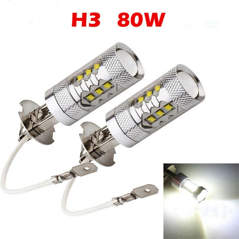 

2 Pcs HID White H3 High Power 80W 16 LED Bulbs Car DRL Driving Fog Light Lamps