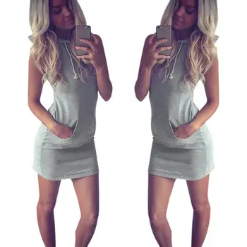 

Women Dresses Sleeveless Casual Loose Dress Autumn Solid Color Pocket Hoodies Tank Above Knee Mini Sport Dress #LR4