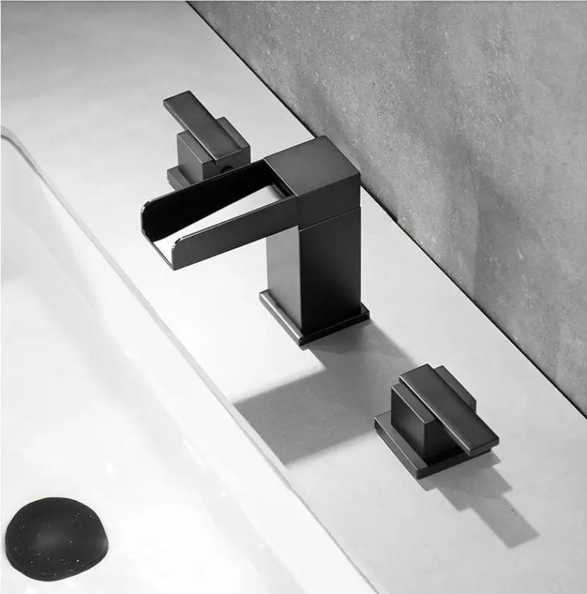 

Waterfall brass bathroom sink faucet luxury cold hot water basin mixer tap double handle three holes black