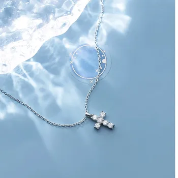 

100% 925 Sterling Silver Cubic Zirconia Small Cross Pendant Simple Link Chain CZ Collar Necklaces for Women Jewelry