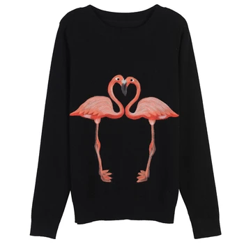 

Runway Elegant Flamingo Patchwork Knitting Pullover Female Tops Animal Embroidery Long Sleeve Women Sweater Autumn Winter Jumper