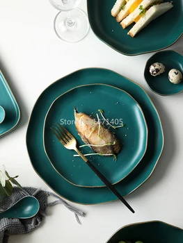 

Nordic Net Red Steak Plate Creative Phnom Penh Ceramic Dish Home Fruit Plate Exquisite Dark Green Tableware