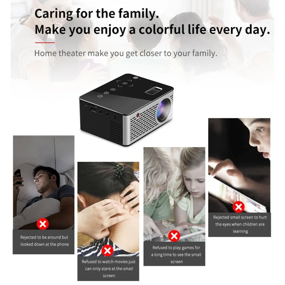  Mini Micro LED Cinema Portable Video HD USB HDMI Projector for Home Theater Short Focus Design T200