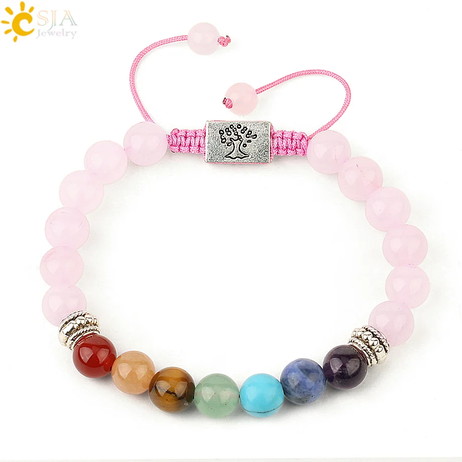 Rose Quartz Csja Yoga 7 Чакра натуральные камни браслеты с подвесками резные Дерево жизни многоцветные Плетеный веревочный браслет для женщин G204 - Окраска металла: Rose Quartz