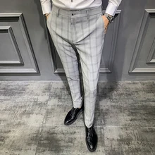 Высокое качество, мужские полосатые клетчатые брюки, модные деловые повседневные брюки, мужские серые, черные, хаки брюки, высокое качество