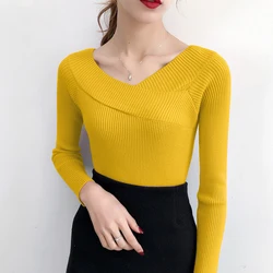 2021 Autumn Winter V-Neck Pullovers Blue Sweater Knit Elasticity Long Sleeve Off shoulder Sweater Feminino Solid Color Sweaters 2021 Autumn Winter V-Neck Pullovers Blue Sweater Knit Elasticity Long Sleeve Off shoulder Sweater Feminino Solid Color Sweaters